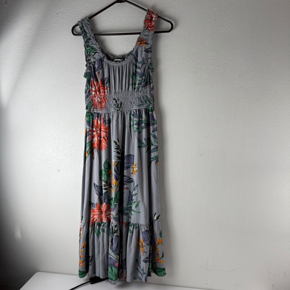 Patrons of Peace Floral Midi Dress Small Gray Tropical Boho Smocked Rayon Summer - Picture 3 of 7